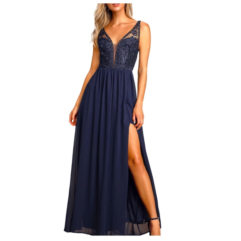 Lulus Womens Formal Dress M Blue Sleeveless Maxi Lace Chiffon Elegant Gown Sheer
